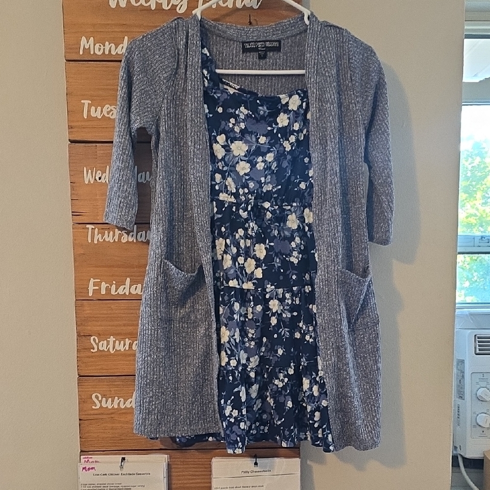 Three Hearts Blue Floral Kids Dress with Gray Cardigan